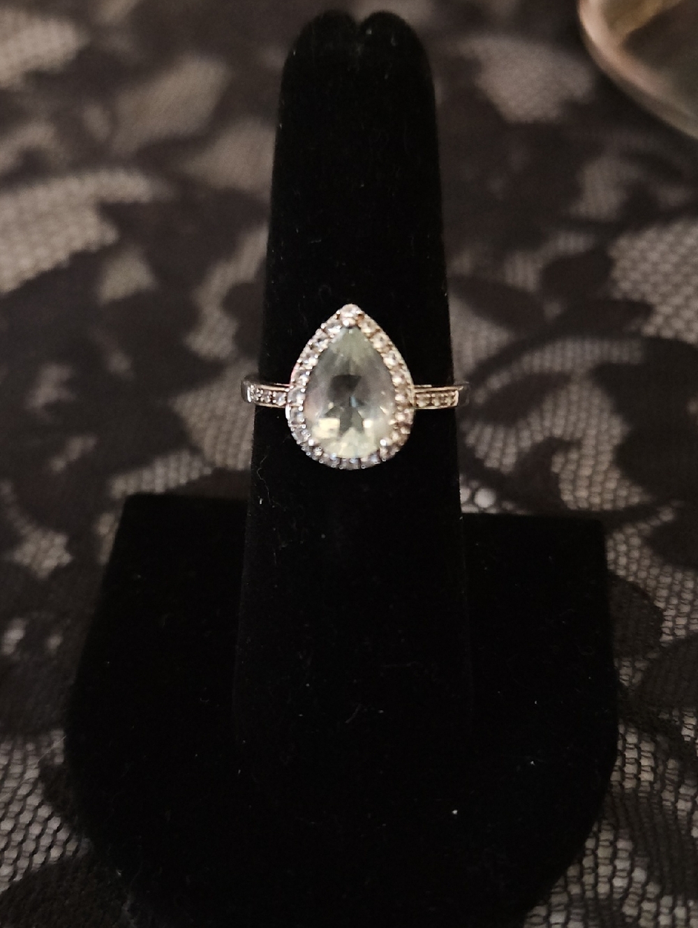 Sterling Teardrop Pale Green Amethys Halo Ring
